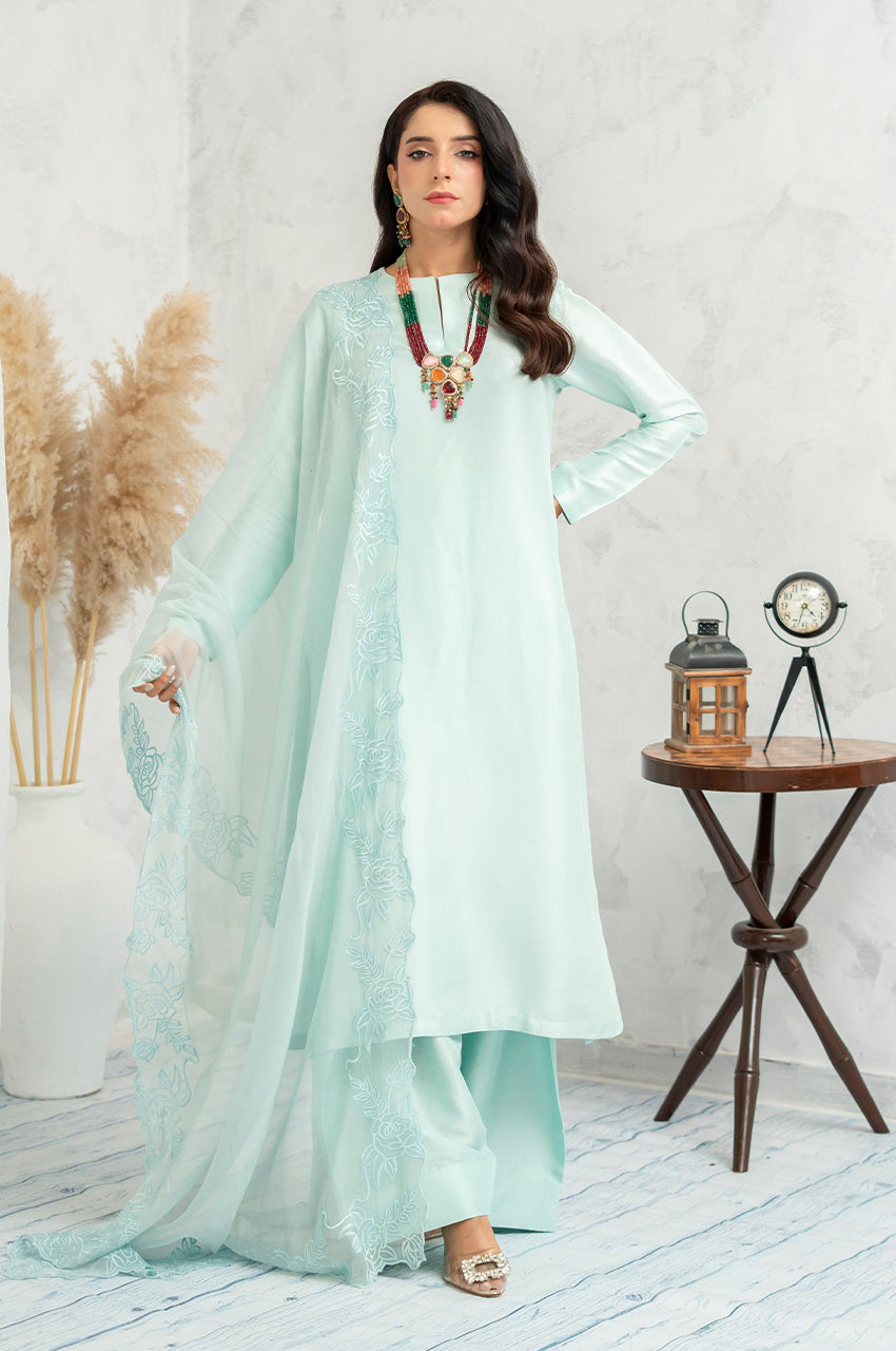 Liyaana From Nizka By Nida Rehan RTW Solids Organza Silk 3 Piece Suit Ice Serenity - Festive Collection