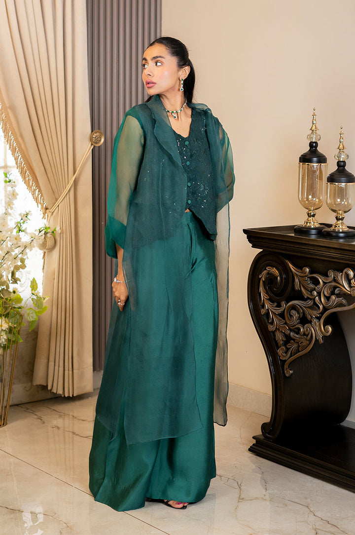 Liyaana From Nizka By Nida Rehan RTW Solids Silk & Organza 3 Piece Suit Emerald Allure - Festive Collection