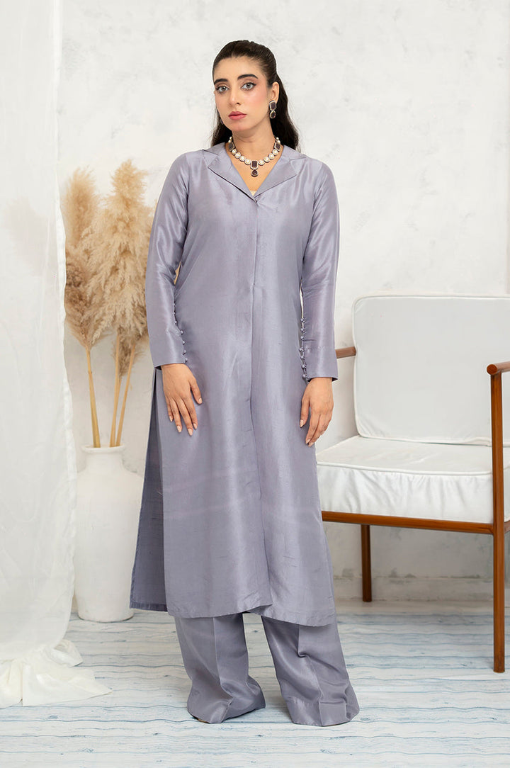 Liyaana From Nizka By Nida Rehan RTW Solids Shimmer Silk 2 Piece Suit Moonlit Silver - Festive Collection