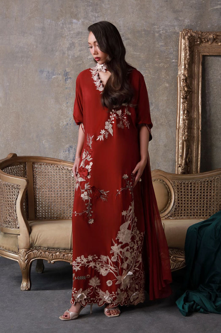 Liyaana From Nizka By Nida Rehan RTW Embroidered Khaddi Silk 3 Piece Suit Garnette - Festive Collection