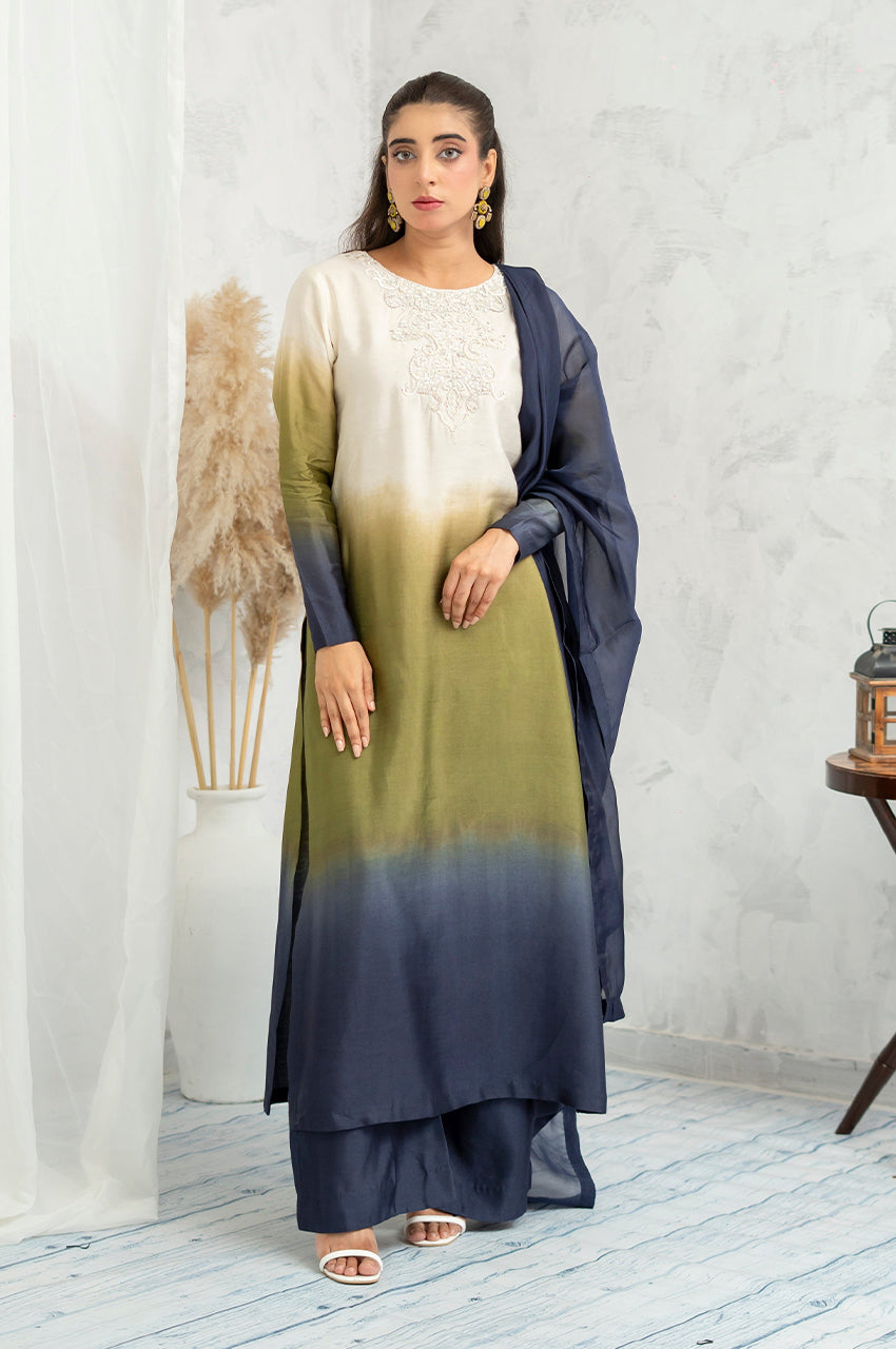 Liyaana From Nizka By Nida Rehan RTW Solids Silk Blend 2 Piece Suit Twilight Moss - Festive Collection