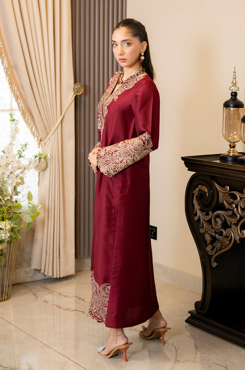 Liyaana From Nizka By Nida Rehan RTW Embroidered Pure Raw Silk 3 Piece Suit Maroon Majesty - Festive Collection