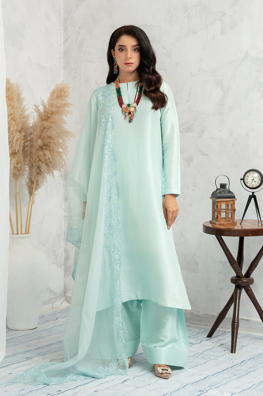 Liyaana From Nizka By Nida Rehan RTW Solids Organza Silk 3 Piece Suit Ice Serenity - Festive Collection