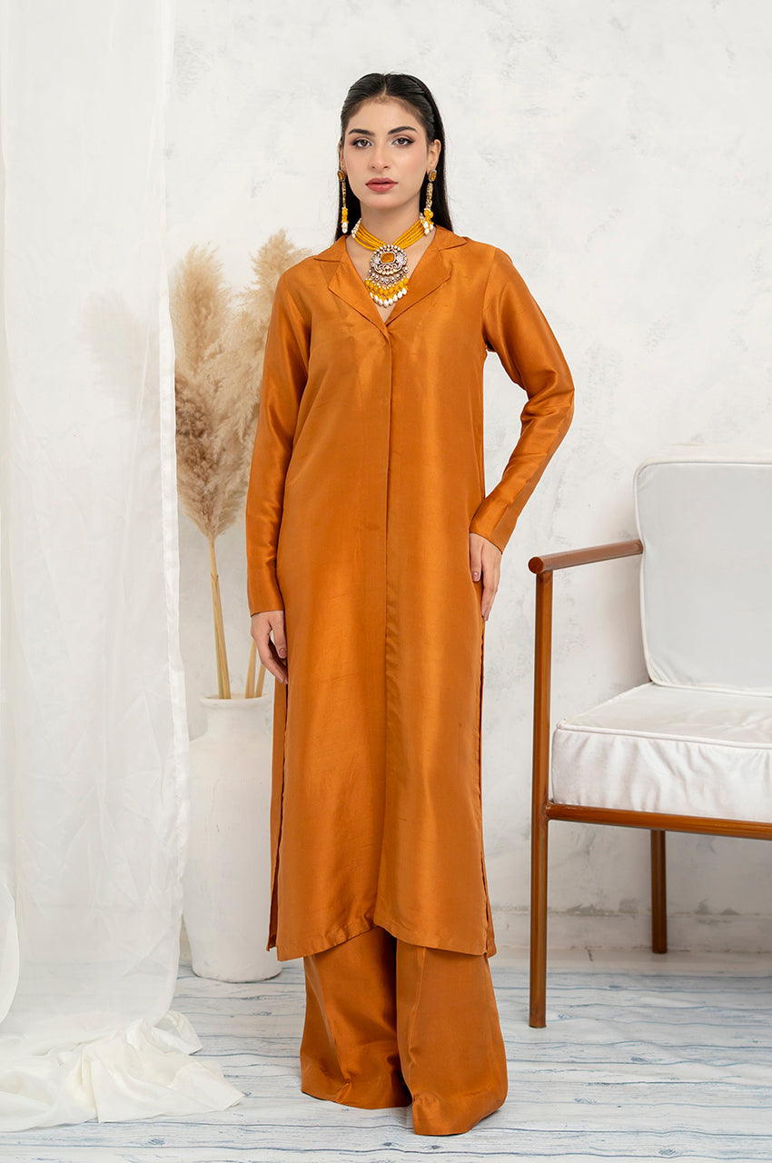 Liyaana From Nizka By Nida Rehan RTW Solids Butter Silk 2 Piece Suit Sienna Gold - Festive Collection