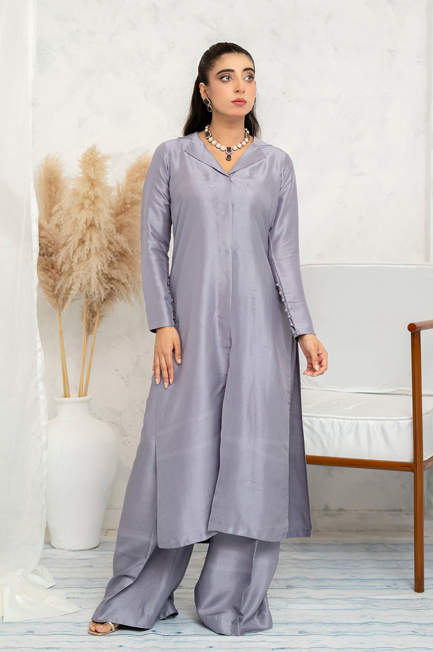 Liyaana From Nizka By Nida Rehan RTW Solids Shimmer Silk 2 Piece Suit Moonlit Silver - Festive Collection