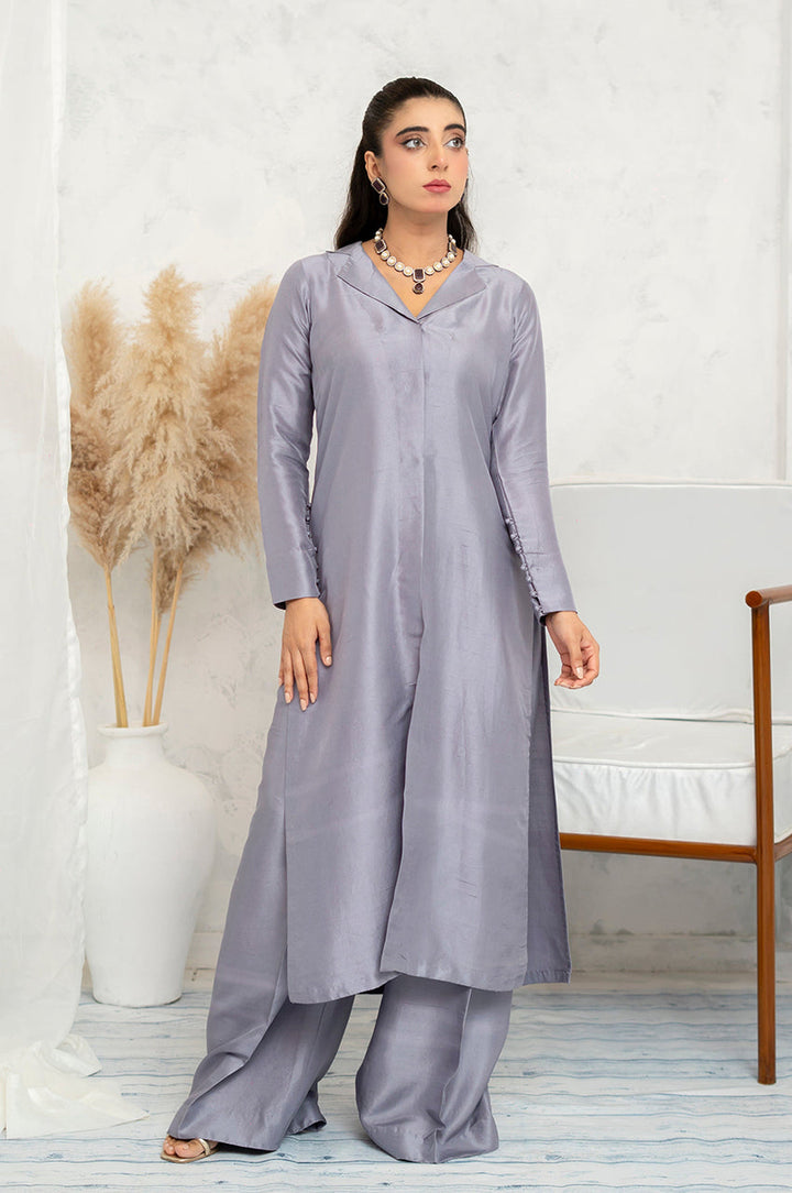 Liyaana From Nizka By Nida Rehan RTW Solids Shimmer Silk 2 Piece Suit Moonlit Silver - Festive Collection