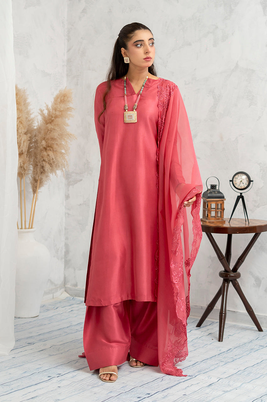 Liyaana From Nizka By Nida Rehan RTW Solids Silk and Chiffon 3 Piece Suit Rosewood Veil - Festive Collection