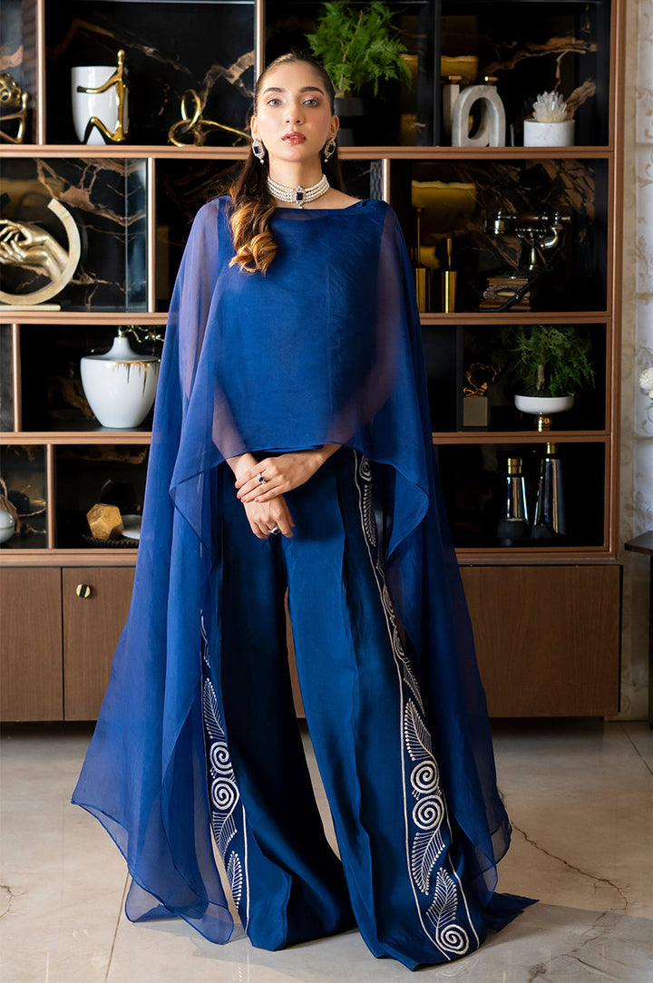 Liyaana From Nizka By Nida Rehan RTW Solids Organza Silk 2 Piece Suit Sapphire flow - Festive Collection