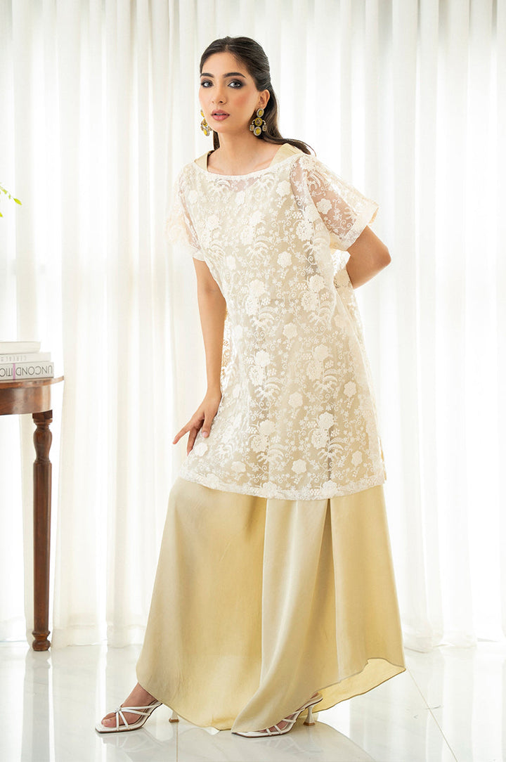 Liyaana From Nizka By Nida Rehan RTW Embroidered Shimmer Silk 2 Piece Suit Champagne Grace - Festive Collection