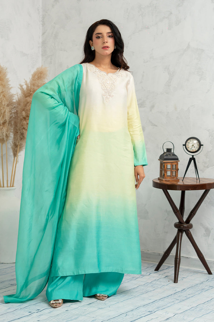 Liyaana From Nizka By Nida Rehan RTW Solids Silk and Organza 3 Piece Suit Ocean Bloom - Festive Collection