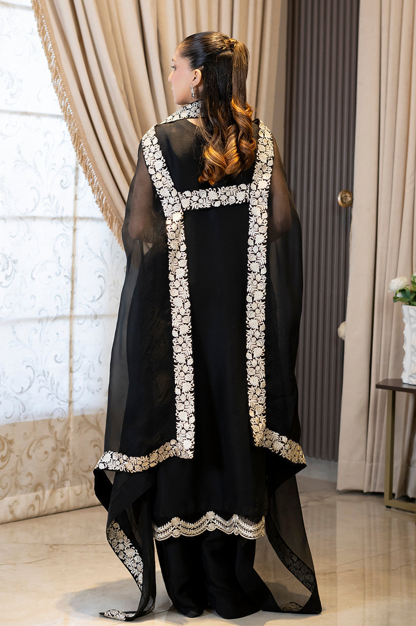 Liyaana From Nizka By Nida Rehan RTW Embroidered Organza & Raw Silk 3 Piece Suit Noir Elegance - Festive Collection