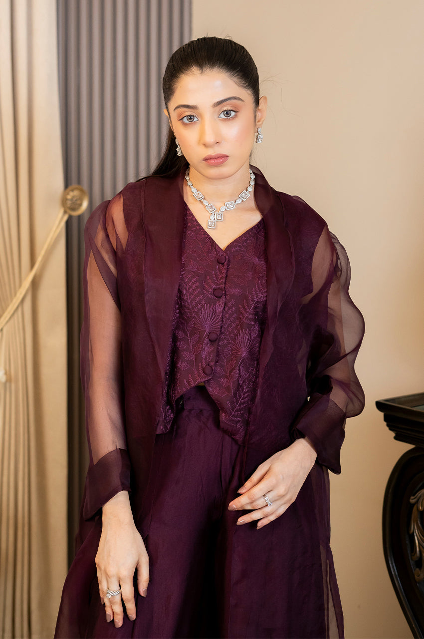 Liyaana From Nizka By Nida Rehan RTW Solids Silk & Organza 3 Piece Suit Plum Majesty - Festive Collection