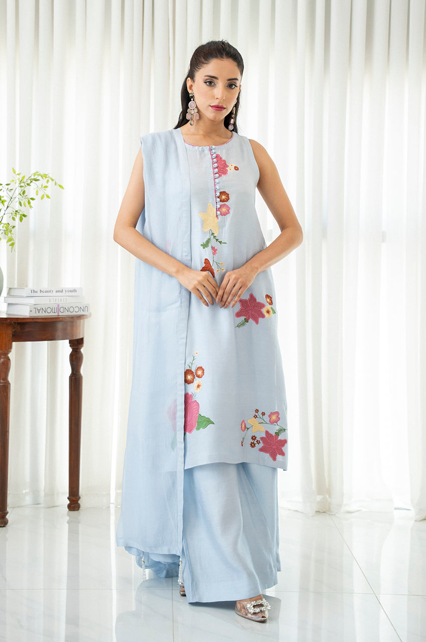 Liyaana From Nizka By Nida Rehan RTW Embroidered Silk Blend 2 Piece Suit Sky Blossom - Festive Collection