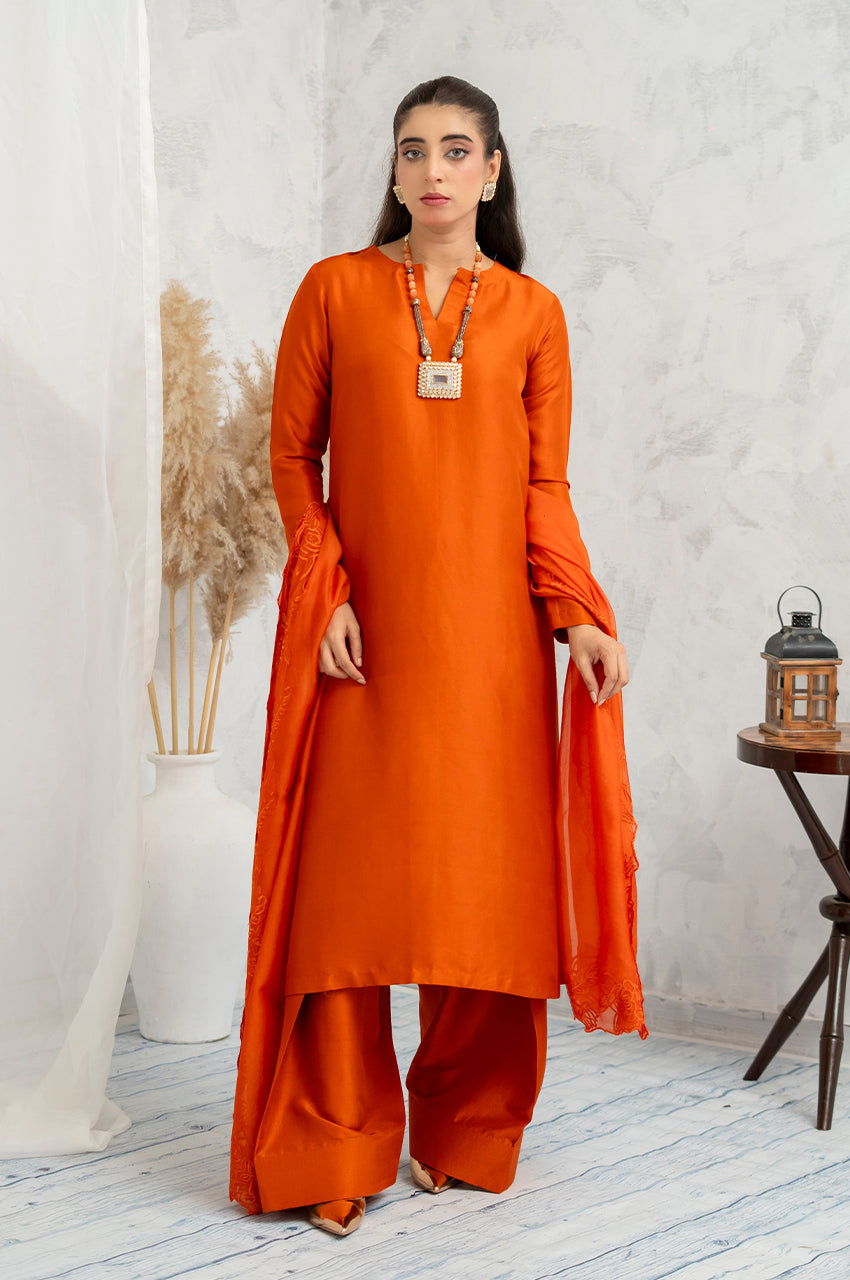 Liyaana From Nizka By Nida Rehan RTW Solids Silk Blend 2 Piece Suit Sunset Flame - Festive Collection
