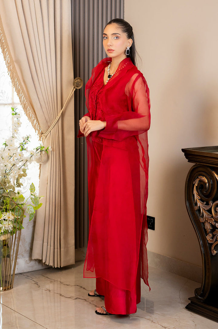 Liyaana From Nizka By Nida Rehan RTW Solids Silk & Organza 3 Piece Suit Scarlet Veil - Festive Collection