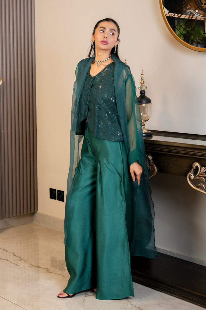 Liyaana From Nizka By Nida Rehan RTW Solids Silk & Organza 3 Piece Suit Emerald Allure - Festive Collection