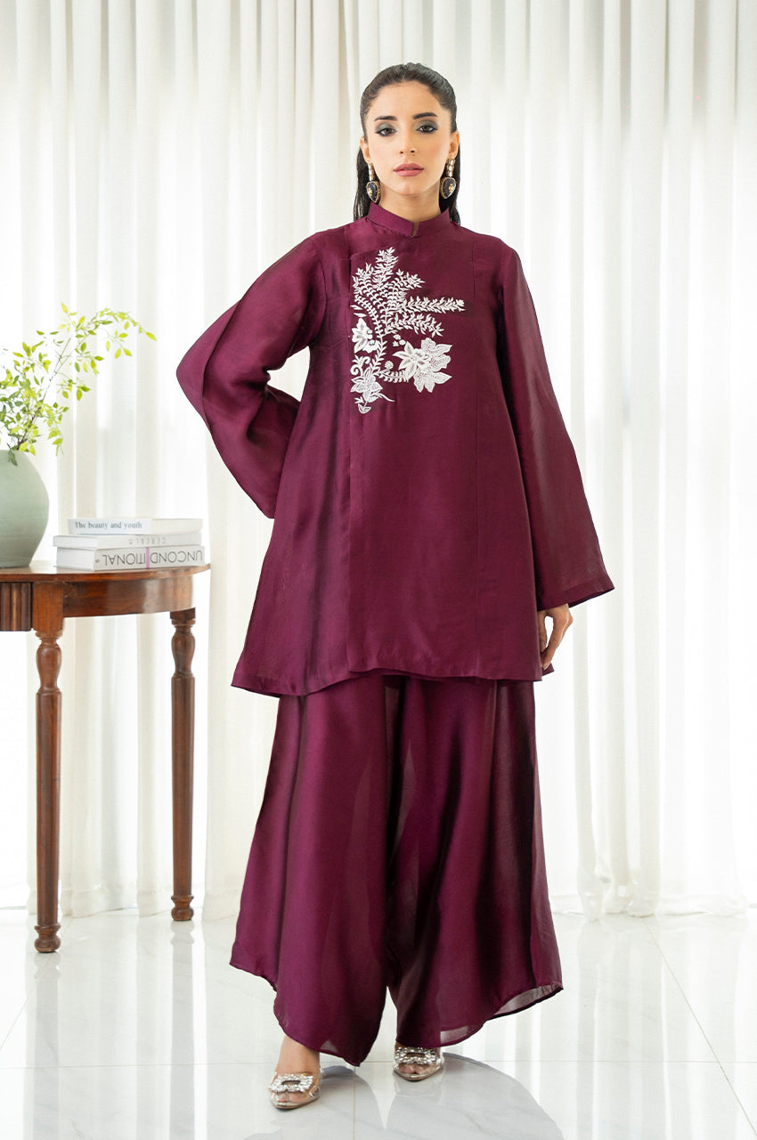 Liyaana From Nizka By Nida Rehan RTW Embroidered Silk Blend 2 Piece Suit Crimson Fern - Festive Collection