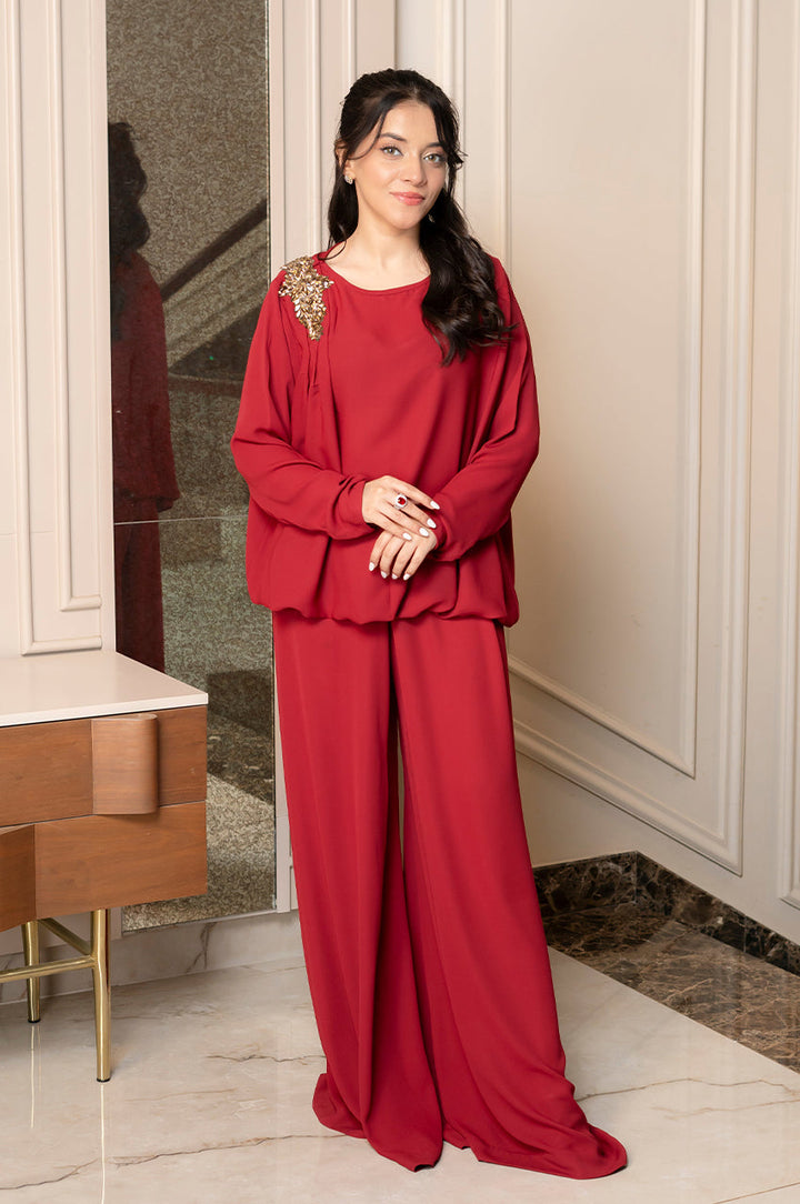 Liyaana From Nizka By Nida Rehan RTW Solids Premium Georgette 2 Piece Suit Scarlet Elegance - Casual Collection