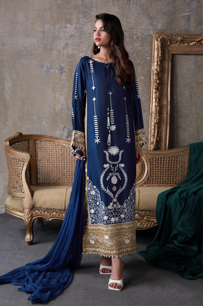 Liyaana From Nizka By Nida Rehan RTW Embroidered Butter Silk 2 Piece Suit Azurette - Festive Collection