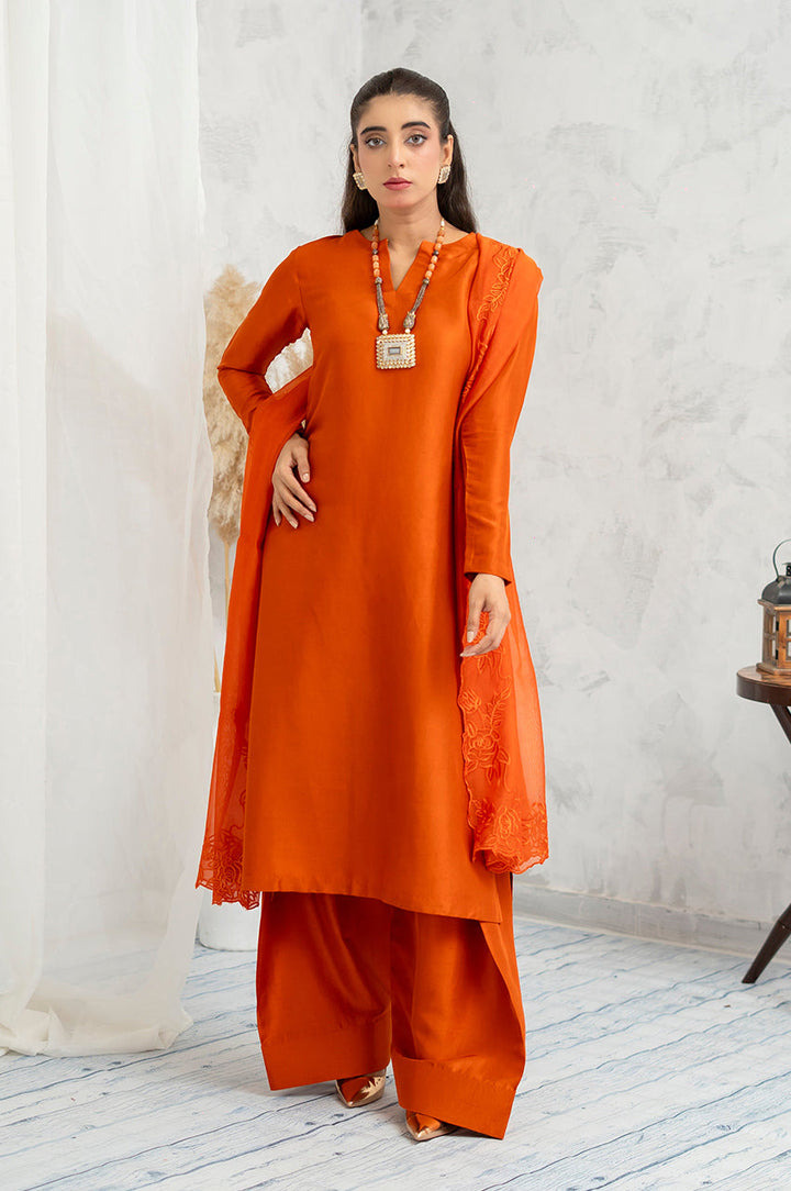 Liyaana From Nizka By Nida Rehan RTW Solids Silk Blend 2 Piece Suit Sunset Flame - Festive Collection