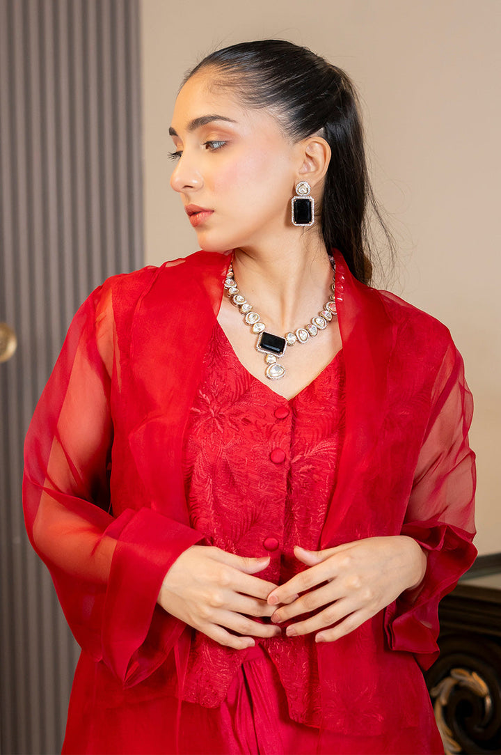 Liyaana From Nizka By Nida Rehan RTW Solids Silk & Organza 3 Piece Suit Scarlet Veil - Festive Collection