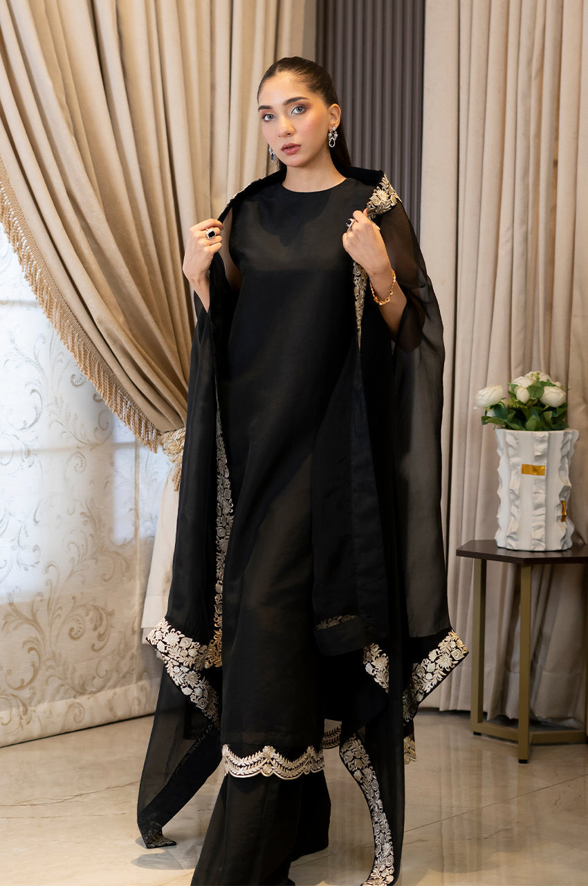 Liyaana From Nizka By Nida Rehan RTW Embroidered Organza & Raw Silk 3 Piece Suit Noir Elegance - Festive Collection