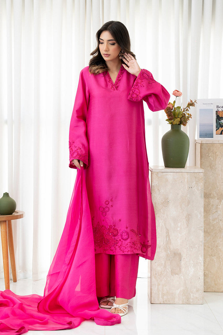 Liyaana From Nizka By Nida Rehan RTW Hand work Raw Silk 2 Piece Suit Rosette Blush - Festive Collection