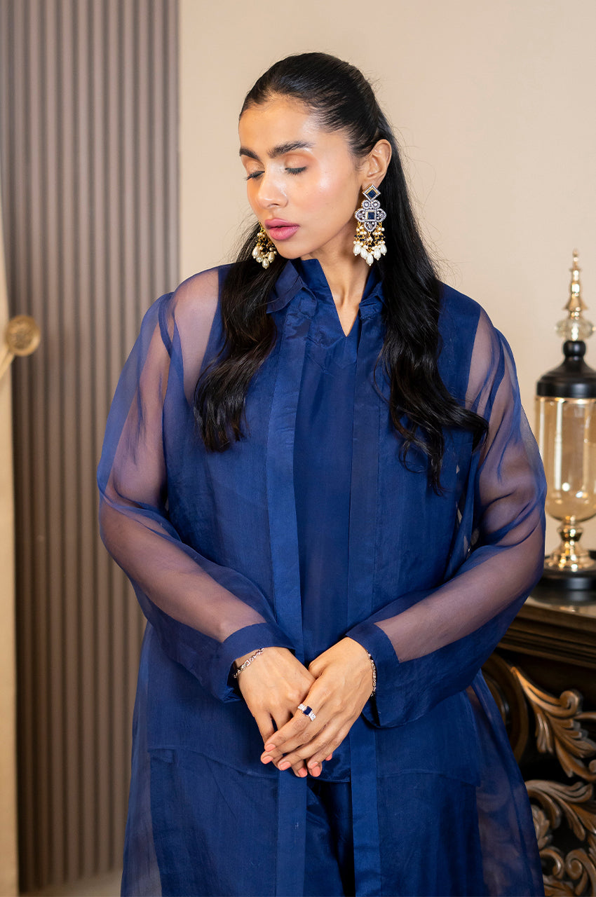 Liyaana From Nizka By Nida Rehan RTW Solids Organza & Silk 3 Piece Suit Royyale sapphire - Festive Collection