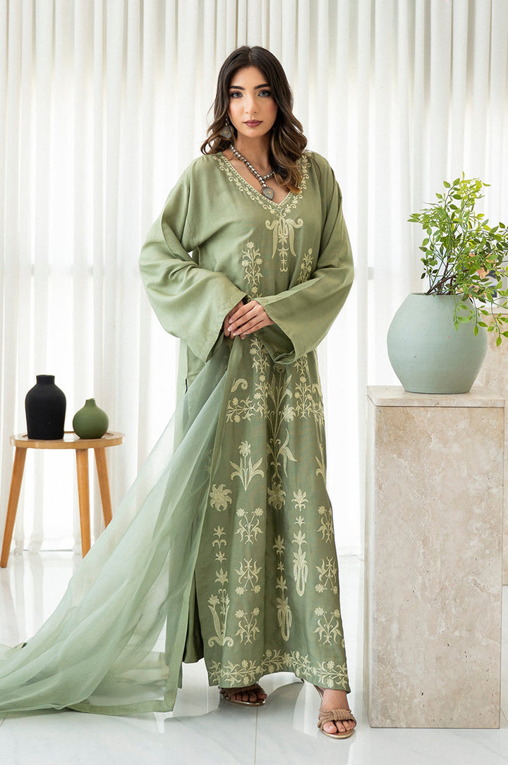 Liyaana From Nizka By Nida Rehan RTW Embroidered Organza and Silk 3 Piece Suit Sage Elysia - Festive Collection