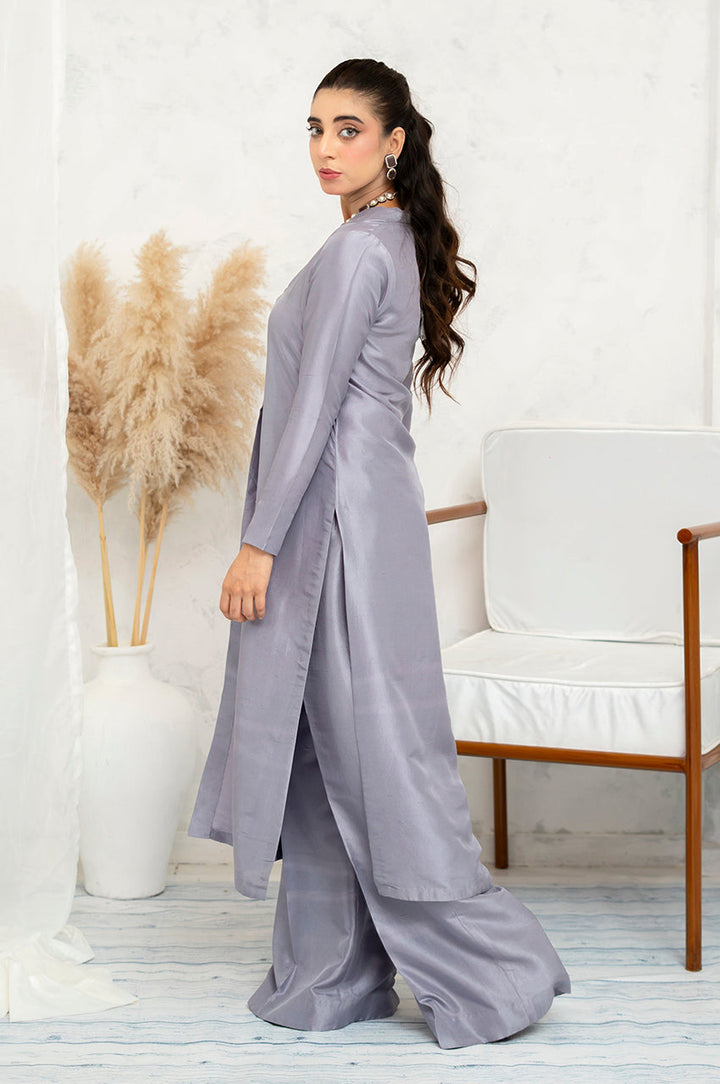 Liyaana From Nizka By Nida Rehan RTW Solids Shimmer Silk 2 Piece Suit Moonlit Silver - Festive Collection