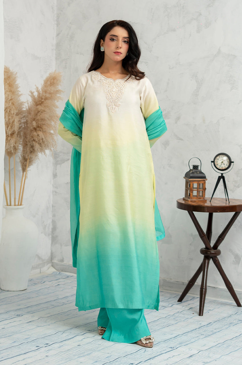 Liyaana From Nizka By Nida Rehan RTW Solids Silk and Organza 3 Piece Suit Ocean Bloom - Festive Collection