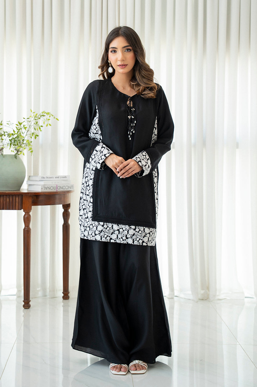 Liyaana From Nizka By Nida Rehan RTW Embroidered Silk Blend 2 Piece Suit Noir Jardin - Festive Collection