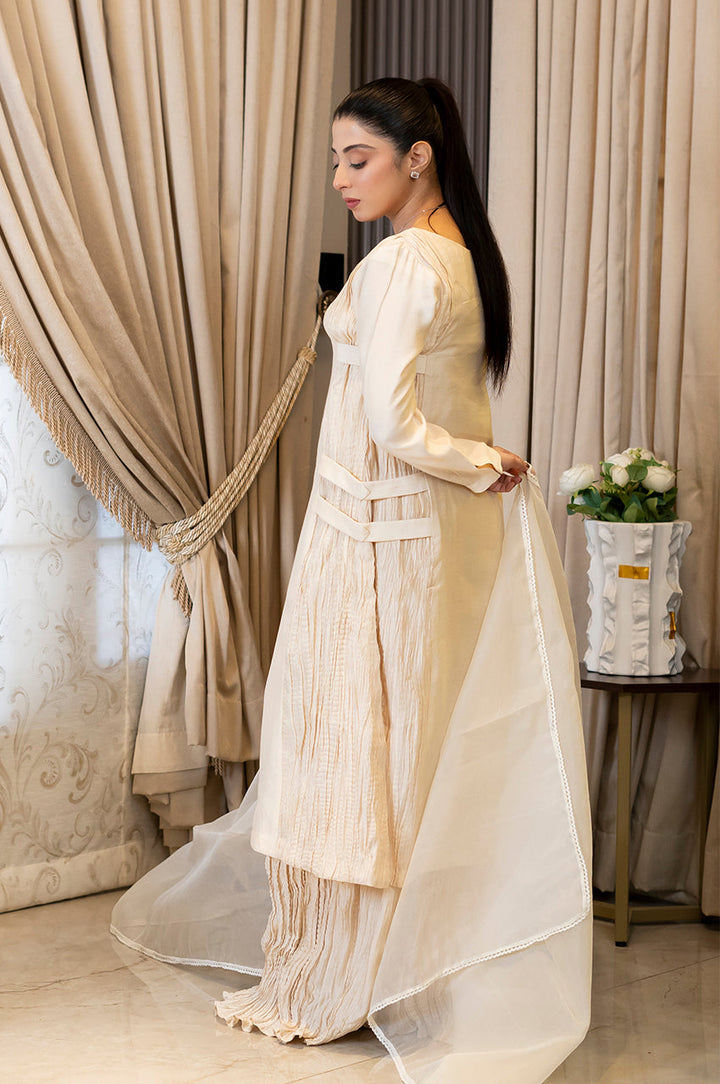 Liyaana From Nizka By Nida Rehan RTW Embroidered Silk & Organza 3 Piece Suit Ivory Bloom - Festive Collection