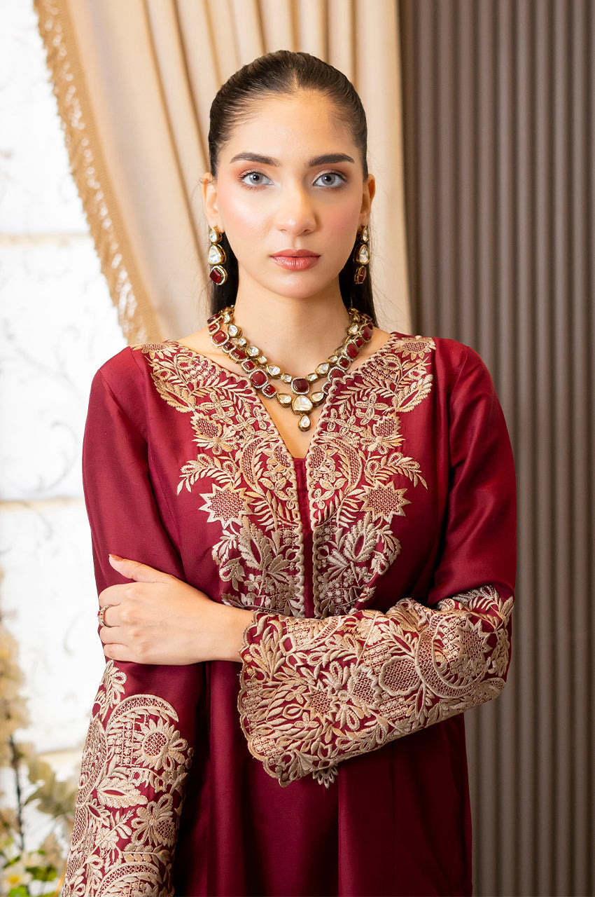 Liyaana From Nizka By Nida Rehan RTW Embroidered Pure Raw Silk 3 Piece Suit Maroon Majesty - Festive Collection