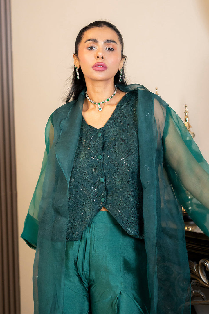 Liyaana From Nizka By Nida Rehan RTW Solids Silk & Organza 3 Piece Suit Emerald Allure - Festive Collection
