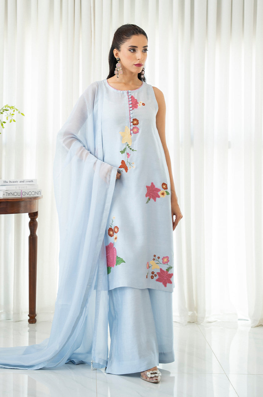 Liyaana From Nizka By Nida Rehan RTW Embroidered Silk Blend 2 Piece Suit Sky Blossom - Festive Collection