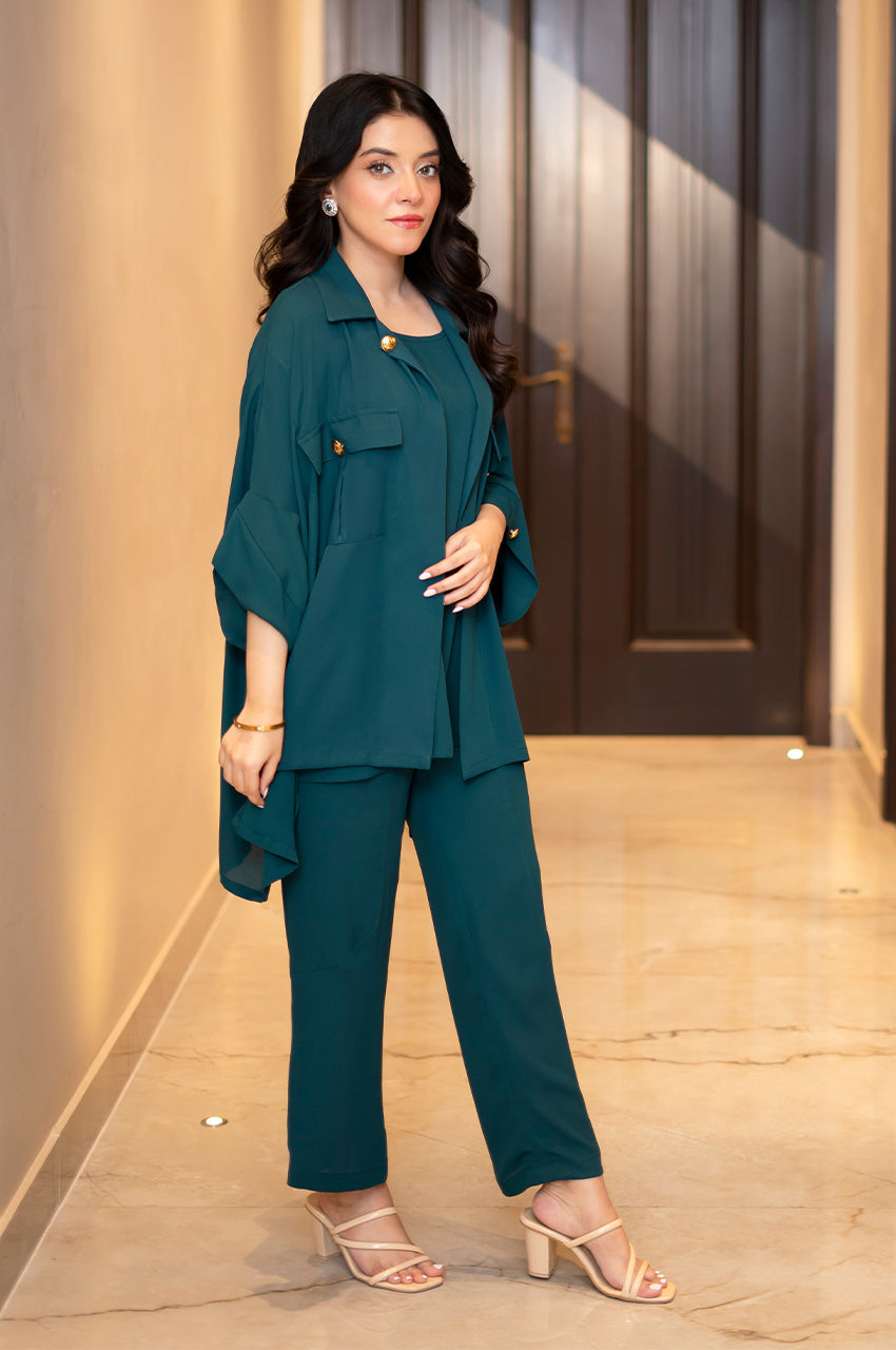 Liyaana From Nizka By Nida Rehan RTW Solids Butter Silk 2 Piece Suit Emerald Luxe - Casual Collection