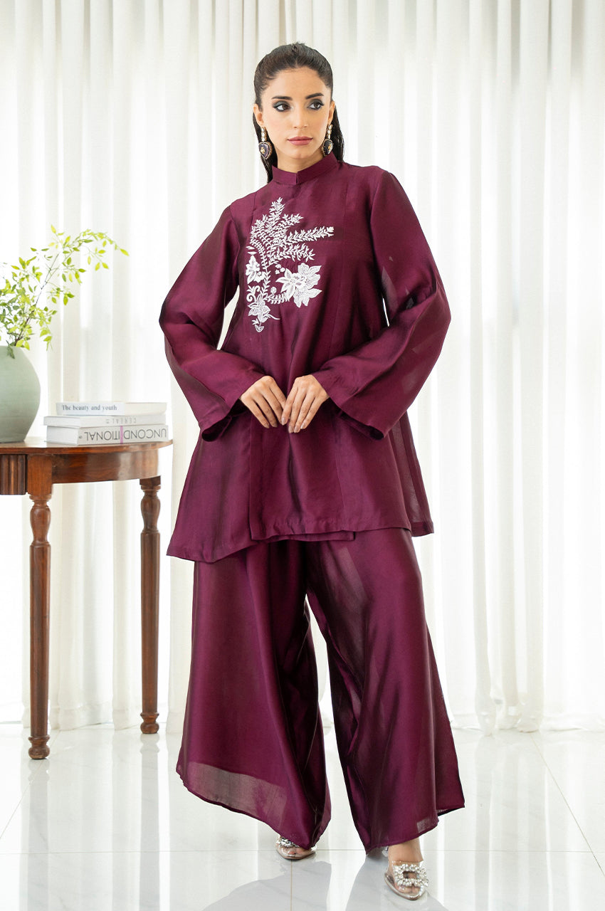 Liyaana From Nizka By Nida Rehan RTW Embroidered Silk Blend 2 Piece Suit Crimson Fern - Festive Collection