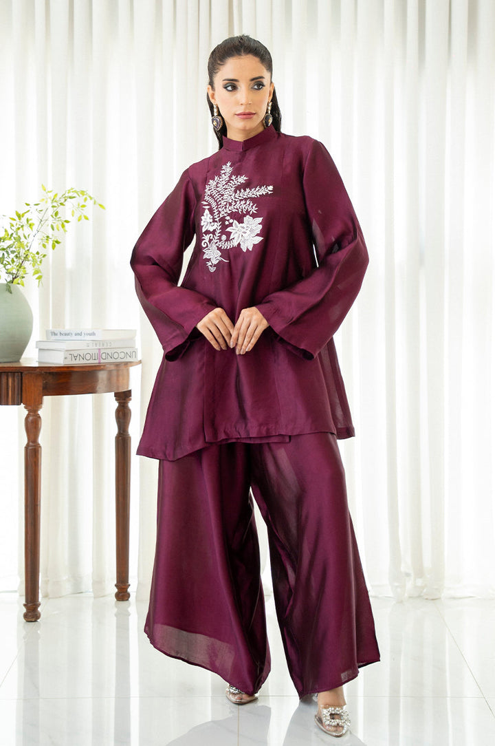 Liyaana From Nizka By Nida Rehan RTW Embroidered Silk Blend 2 Piece Suit Crimson Fern - Festive Collection