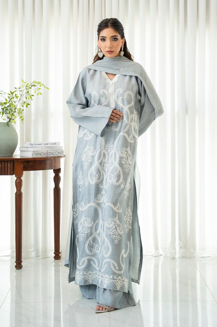 Liyaana From Nizka By Nida Rehan RTW Embroidered Premium Silk 3 Piece Suit Dove Whisper - Festive Collection