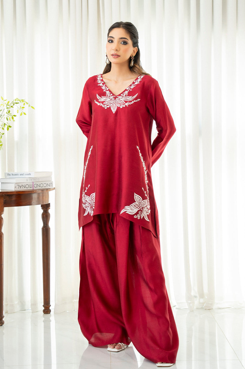 Liyaana From Nizka By Nida Rehan RTW Embroidered Silk Blend 3 Piece Suit Crimson Charm - Festive Collection