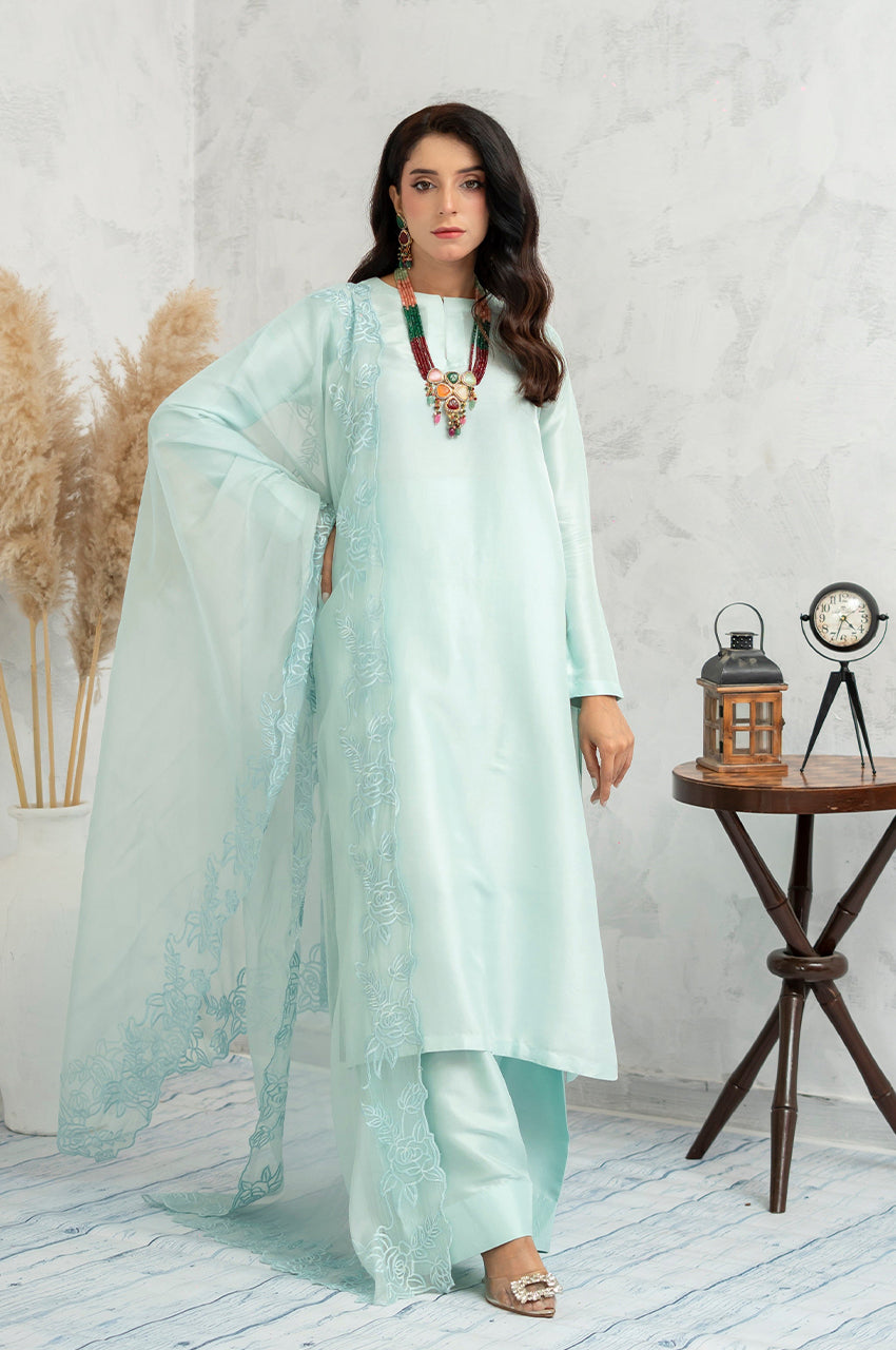 Liyaana From Nizka By Nida Rehan RTW Solids Organza Silk 3 Piece Suit Ice Serenity - Festive Collection