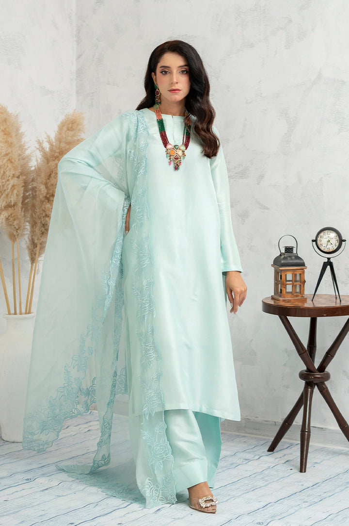 Liyaana From Nizka By Nida Rehan RTW Solids Organza Silk 3 Piece Suit Ice Serenity - Festive Collection