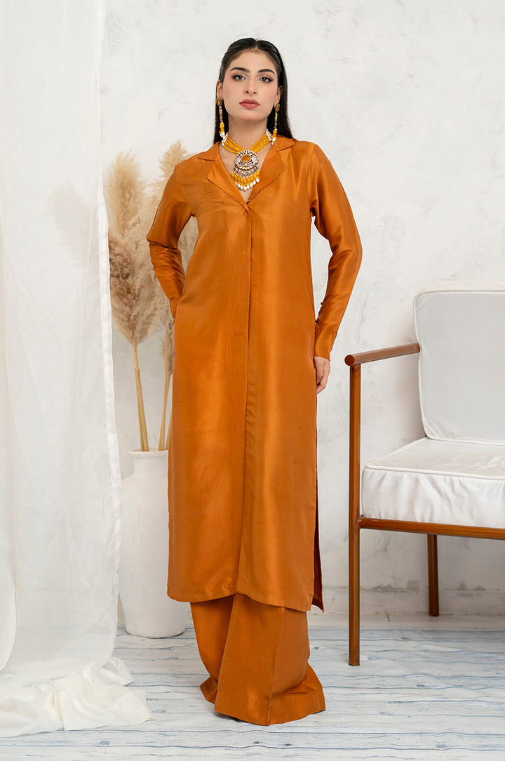 Liyaana From Nizka By Nida Rehan RTW Solids Butter Silk 2 Piece Suit Sienna Gold - Festive Collection