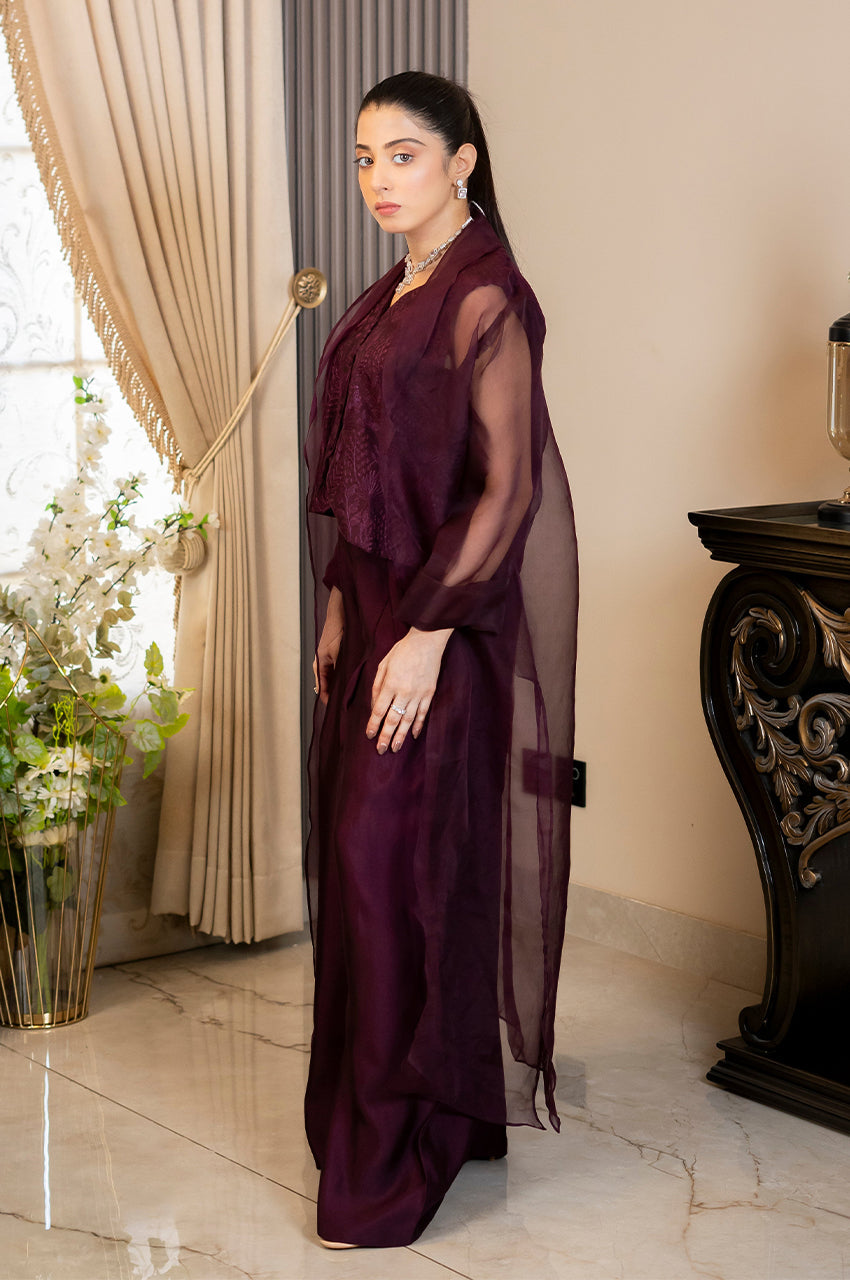 Liyaana From Nizka By Nida Rehan RTW Solids Silk & Organza 3 Piece Suit Plum Majesty - Festive Collection