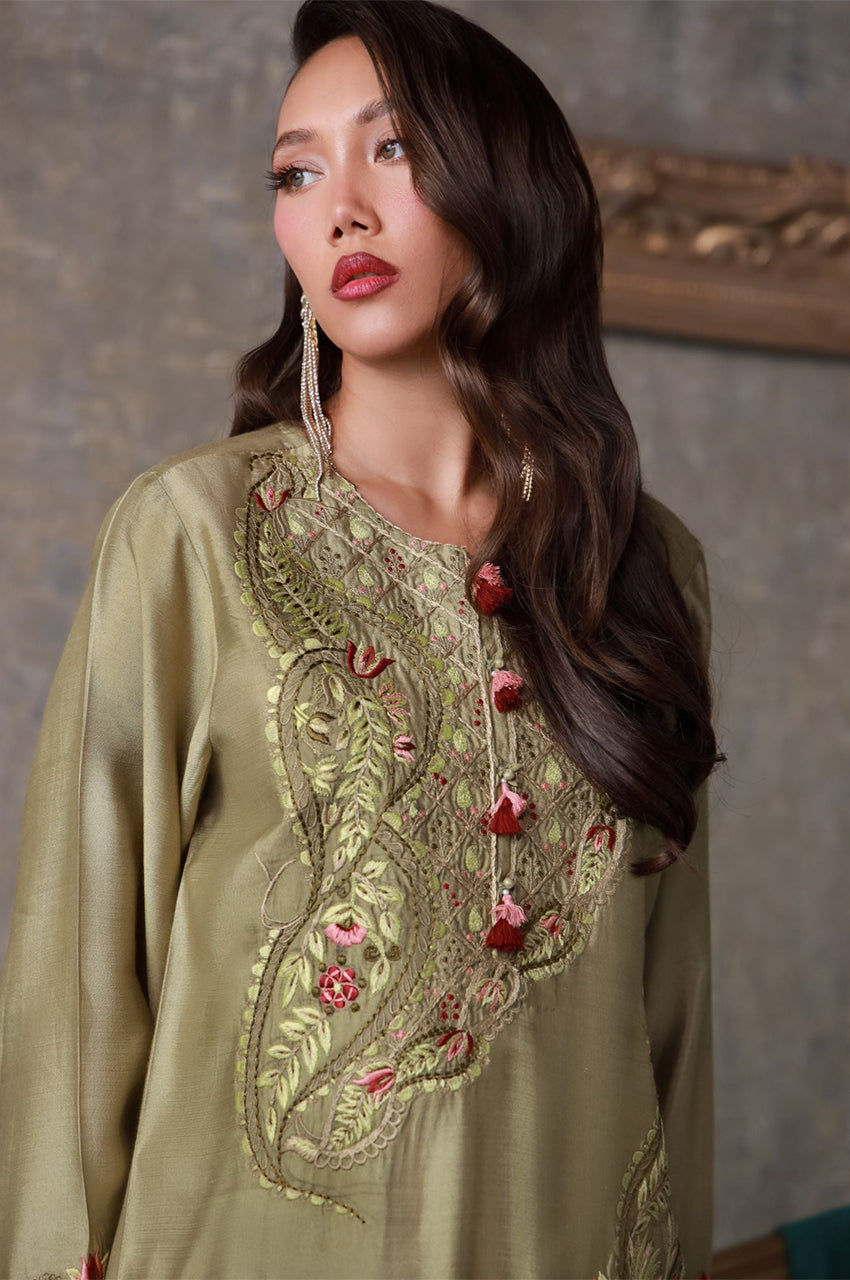 Liyaana From Nizka By Nida Rehan RTW Embroidered Butter Silk 3 Piece Suit Olivaire - Festive Collection