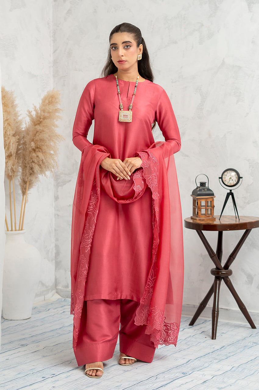 Liyaana From Nizka By Nida Rehan RTW Solids Silk and Chiffon 3 Piece Suit Rosewood Veil - Festive Collection