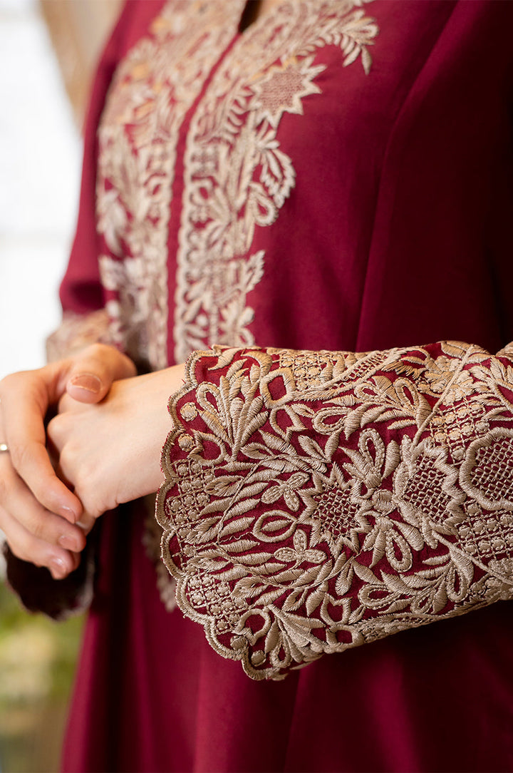 Liyaana From Nizka By Nida Rehan RTW Embroidered Pure Raw Silk 3 Piece Suit Maroon Majesty - Festive Collection