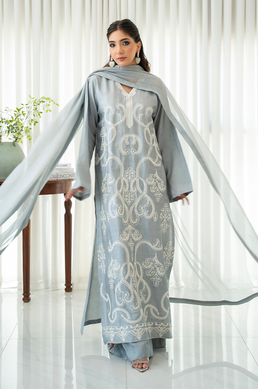 Liyaana From Nizka By Nida Rehan RTW Embroidered Premium Silk 3 Piece Suit Dove Whisper - Festive Collection