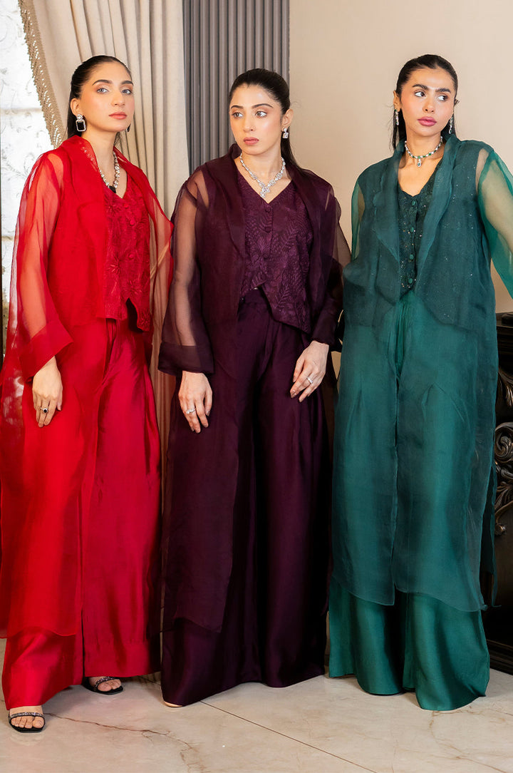 Liyaana From Nizka By Nida Rehan RTW Solids Silk & Organza 3 Piece Suit Emerald Allure - Festive Collection